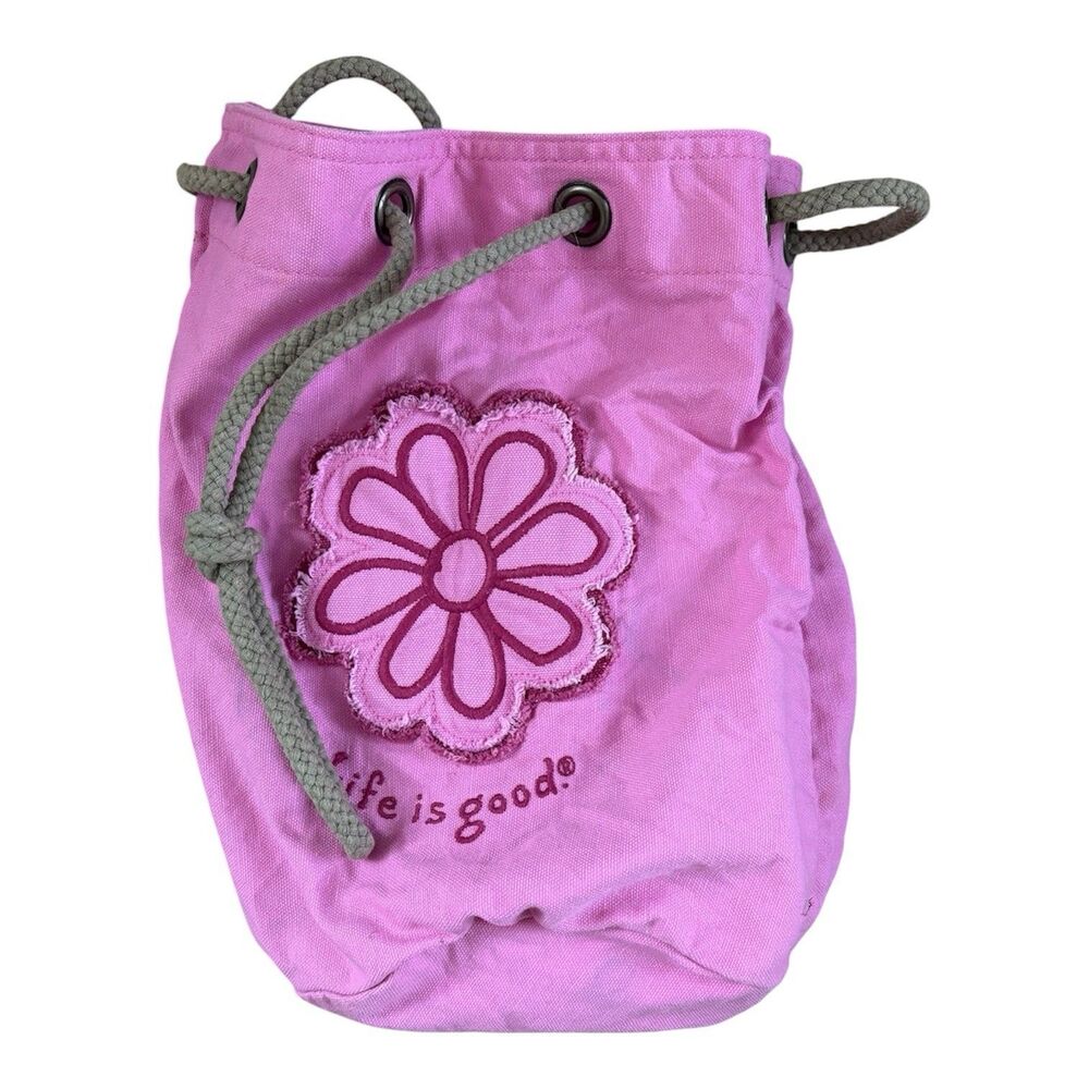 Life is Good Pink Canvas Backpack Drawstring Shoulder Bag Vintage Y2K Daisy 12"